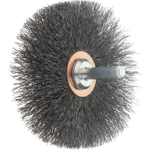 Tru-Maxx - 3" OD, 1/4" Shank Diam, Crimped Steel Wheel Brush - 1/2" Face Width, 1" Trim Length, 0.008" Filament Diam, 12,500 RPM - Caliber Tooling