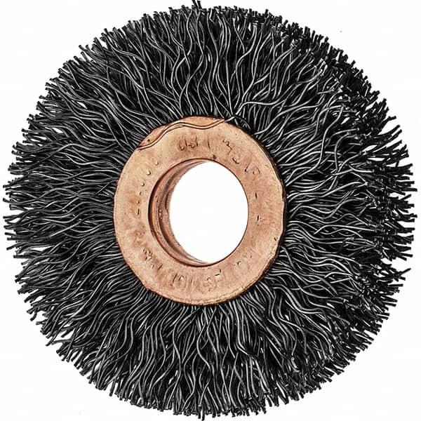 Tru-Maxx - 2" OD, 1/2" Arbor Hole, Crimped Steel Wheel Brush - 3/8" Face Width, 1/2" Trim Length, 0.014" Filament Diam, 20,000 RPM - Caliber Tooling