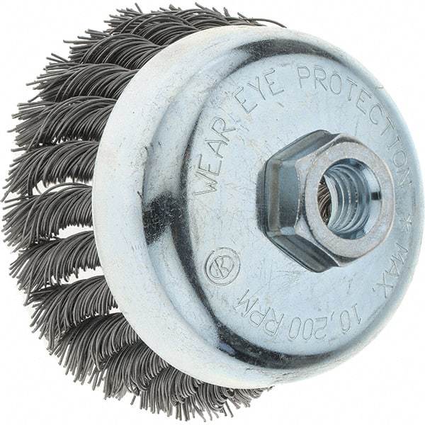 Tru-Maxx - 4" Diam, 5/8-11 Threaded Arbor, Steel Fill Cup Brush - 0.023 Wire Diam, 1-1/4" Trim Length, 10,200 Max RPM - Caliber Tooling