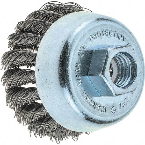 Tru-Maxx - 2-3/4" Diam, 5/8-11 Threaded Arbor, Steel Fill Cup Brush - 0.014 Wire Diam, 1" Trim Length, 14,000 Max RPM - Caliber Tooling