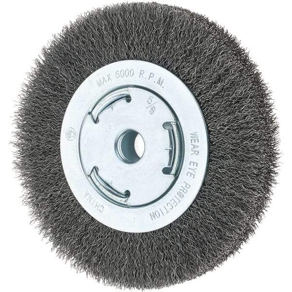 Tru-Maxx - 6" OD, 5/8-11 Arbor Hole, Crimped Steel Wheel Brush - 7/8" Face Width, 1-1/8" Trim Length, 0.014" Filament Diam, 6,000 RPM - Caliber Tooling