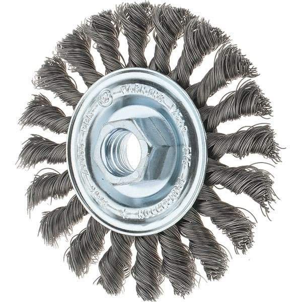 Tru-Maxx - 4" OD, 5/8-11 Arbor Hole, Knotted Steel Wheel Brush - 1/2" Face Width, 7/8" Trim Length, 0.014" Filament Diam, 20,000 RPM - Caliber Tooling