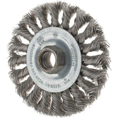 Tru-Maxx - 4" OD, 5/8-11 Arbor Hole, Knotted Stainless Steel Wheel Brush - 1/2" Face Width, 7/8" Trim Length, 0.014" Filament Diam, 20,000 RPM - Caliber Tooling