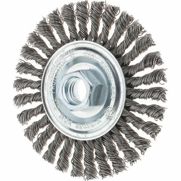 Tru-Maxx - 4" OD, 5/8-11 Arbor Hole, Stringer Bead Stainless Steel Wheel Brush - 1/4" Face Width, 7/8" Trim Length, 0.02" Filament Diam, 20,000 RPM - Caliber Tooling