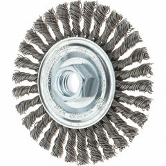 Tru-Maxx - 4" OD, 5/8-11 Arbor Hole, Stringer Bead Stainless Steel Wheel Brush - 1/4" Face Width, 7/8" Trim Length, 0.02" Filament Diam, 20,000 RPM - Caliber Tooling