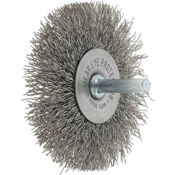 Tru-Maxx - 3" OD, 1/4" Shank Diam, Crimped Stainless Steel Wheel Brush - 1/2" Face Width, 13/16" Trim Length, 0.014" Filament Diam, 20,000 RPM - Caliber Tooling