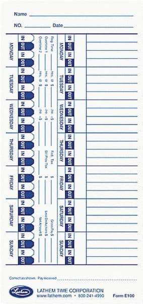 Lathem Time - 1-1/4" High x 4" Wide Weekly Time Cards - Use with Lathem E Series Time Recorders - Caliber Tooling