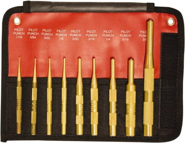 Mayhew - 9 Piece, 1/16 to 3/8", Brass Pilot Punch Kit - Round Shank, Brass, Comes in Pouch - Caliber Tooling