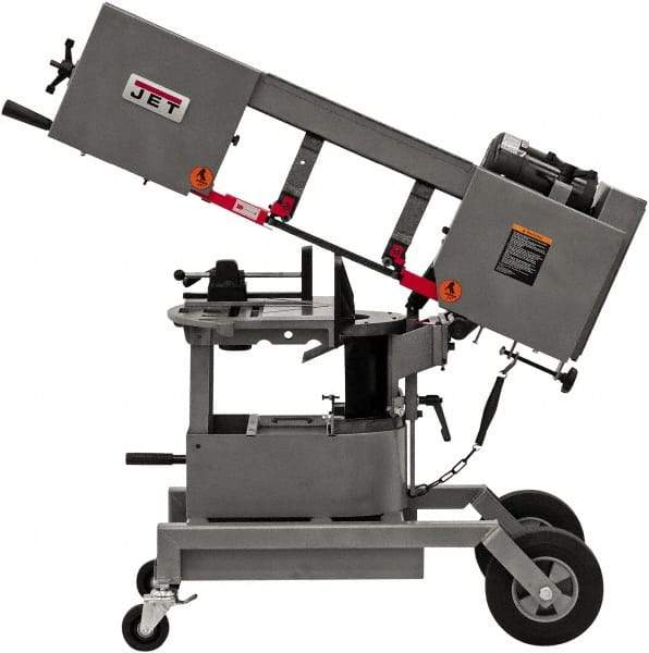 Jet - 6-1/2 x 8" Max Capacity, Manual Step Pulley Horizontal Bandsaw - 64, 132 & 247 SFPM Blade Speed, 115/230 Volts, 90°, 3/4 hp, 1 Phase - Caliber Tooling