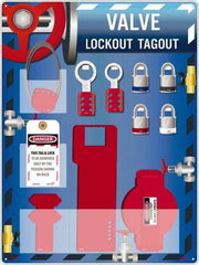 NMC - Equipped Acrylic Valve Lockout Station - 18" Wide x 24" High x 4" Deep, Red, White, Blue, Black - Caliber Tooling