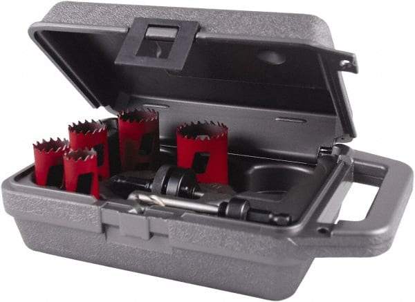 M.K. MORSE - 7 Piece, 7/8" to 1-1/2" Saw Diam, Mechanic's Hole Saw Kit - Bi-Metal, Toothed Edge, Pilot Drill Model No. MAPD301, Includes 2 Hole Saws - Caliber Tooling