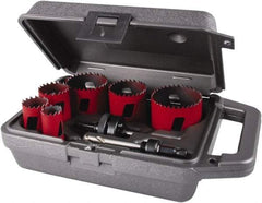 M.K. MORSE - 8 Piece, 7/8" to 2-1/2" Saw Diam, Electrician's Hole Saw Kit - Bi-Metal, Toothed Edge, Pilot Drill Model No. MAPD301, Includes 3 Hole Saws - Caliber Tooling