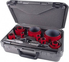 M.K. MORSE - 19 Piece, 3/4" to 4-1/2" Saw Diam, Industrial Hole Saw Kit - Bi-Metal, Toothed Edge, Pilot Drill Model No. MAPD301, Includes 5 Hole Saws - Caliber Tooling