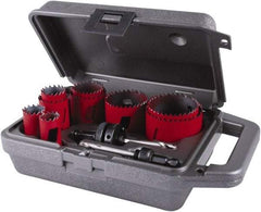 M.K. MORSE - 11 Piece, 3/4" to 2-1/2" Saw Diam, General Purpose Hole Saw Kit - Bi-Metal, Toothed Edge, Pilot Drill Model No. MAPD301, Includes 3 Hole Saws - Caliber Tooling