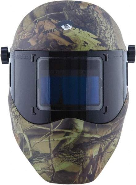 Save Phace - 3.82" Window Width x 1.85" Window Height, 4, 9 to 13 Shade Auto-Darkening Lens, Fixed Front Welding Helmet - Camouflage, Nylon Green Lens - Caliber Tooling