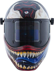 Save Phace - 3.82" Window Width x 1.85" Window Height, 4, 9 to 13 Shade Auto-Darkening Lens, Fixed Front Welding Helmet - Red/White/Blue/Silver, Nylon Green Lens - Caliber Tooling