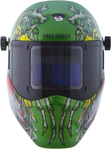 Save Phace - 3.82" Window Width x 1.85" Window Height, 4, 9 to 13 Shade Auto-Darkening Lens, Fixed Front Welding Helmet - Green/Blue/Yellow/Red, Nylon Green Lens - Caliber Tooling