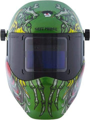 Save Phace - 3.82" Window Width x 1.85" Window Height, 4, 9 to 13 Shade Auto-Darkening Lens, Fixed Front Welding Helmet - Green/Blue/Yellow/Red, Nylon Green Lens - Caliber Tooling