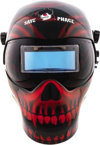 Save Phace - 3.74" Window Width x 1.38" Window Height, 4, 9 to 13 Shade Auto-Darkening Lens, Fixed Front Welding Helmet - Black/Red, Nylon Green Lens - Caliber Tooling