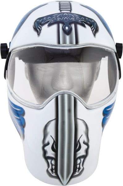 Save Phace - 11" Window Width x 3-3/4" Window Height, 10 Shade Fixed Shade Lens, Fixed Front Welding Helmet - White/Blue/Grey, Nylon Green Lens - Caliber Tooling