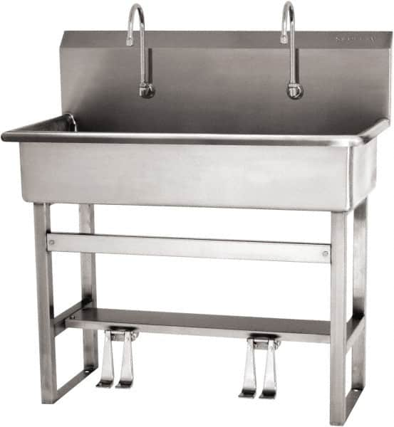 SANI-LAV - 37" Long x 16-1/2" Wide Inside, 1 Compartment, Grade 304 Stainless Steel (3) Person Wash-Station with Double Foot Valves - 16 Gauge, 40" Long x 20" Wide x 45" High Outside, 8" Deep - Caliber Tooling