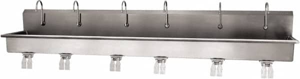 SANI-LAV - 117" Long x 16-1/2" Wide Inside, 1 Compartment, Grade 304 Stainless Steel (6) Person Wash-Station with Double Foot Valves - 16 Gauge, 120" Long x 20" Wide x 18" High Outside, 8" Deep - Caliber Tooling