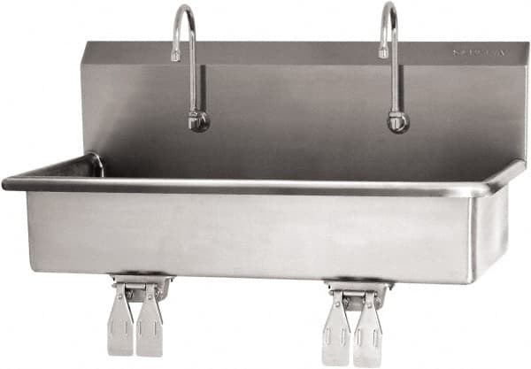 SANI-LAV - 37" Long x 16-1/2" Wide Inside, 1 Compartment, Grade 304 Stainless Steel (2) Person Wash-Station with Double Foot Valves - 16 Gauge, 40" Long x 20" Wide x 18" High Outside, 8" Deep - Caliber Tooling