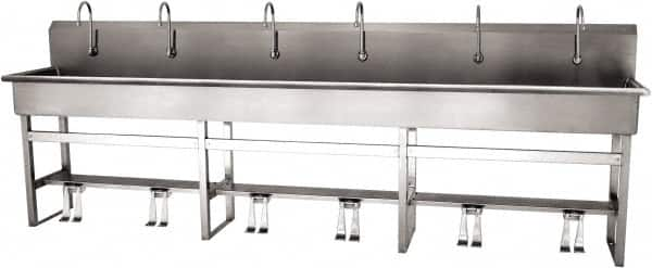 SANI-LAV - 117" Long x 16-1/2" Wide Inside, 1 Compartment, Grade 304 Stainless Steel (6) Person Wash-Station with Double Foot Valves - 16 Gauge, 120" Long x 20" Wide x 45" High Outside, 8" Deep - Caliber Tooling