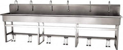 SANI-LAV - 117" Long x 16-1/2" Wide Inside, 1 Compartment, Grade 304 Stainless Steel (6) Person Wash-Station with Double Foot Valves - 16 Gauge, 120" Long x 20" Wide x 45" High Outside, 8" Deep - Caliber Tooling