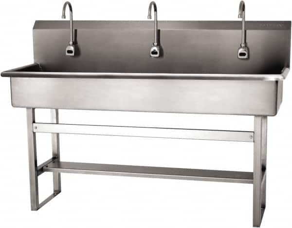 SANI-LAV - 57" Long x 16-1/2" Wide Inside, 1 Compartment, Grade 304 Stainless Steel (4) Person Wash-Station with Electronic Faucet - 16 Gauge, 60" Long x 20" Wide x 45" High Outside, 8" Deep - Caliber Tooling