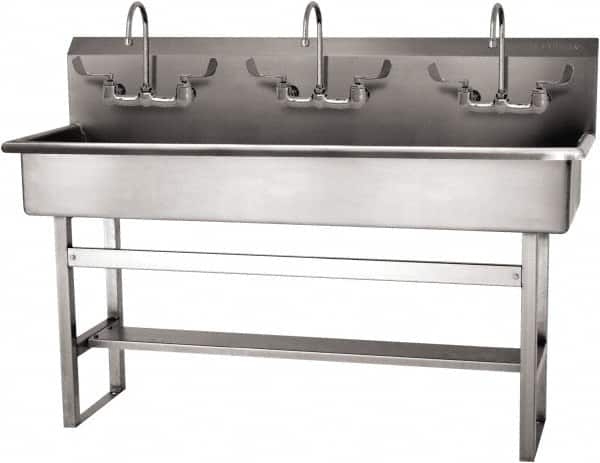 SANI-LAV - 57" Long x 16-1/2" Wide Inside, 1 Compartment, Grade 304 Stainless Steel (4) Person Wash-Station with Manual Faucet - 16 Gauge, 60" Long x 20" Wide x 45" High Outside, 8" Deep - Caliber Tooling