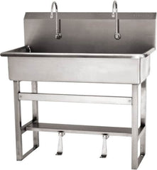 SANI-LAV - 37" Long x 16-1/2" Wide Inside, 1 Compartment, Grade 304 Stainless Steel (3) Person Wash-Station with Single Foot Valves - 16 Gauge, 40" Long x 20" Wide x 45" High Outside, 8" Deep - Caliber Tooling