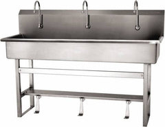 SANI-LAV - 57" Long x 16-1/2" Wide Inside, 1 Compartment, Grade 304 Stainless Steel (4) Person Wash-Station with Single Foot Valves - 16 Gauge, 60" Long x 20" Wide x 45" High Outside, 8" Deep - Caliber Tooling