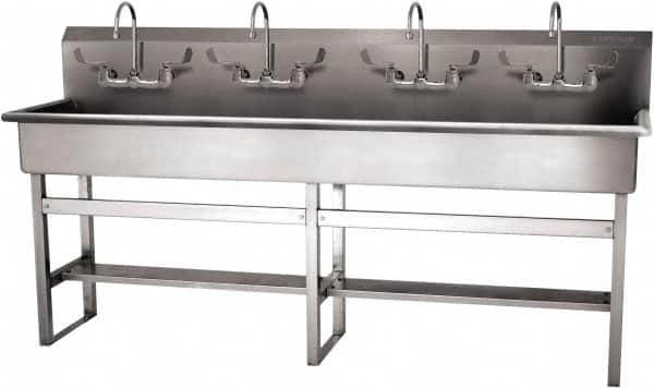 SANI-LAV - 77" Long x 16-1/2" Wide Inside, 1 Compartment, Grade 304 Stainless Steel (5) Person Wash-Station with Manual Faucet - 16 Gauge, 80" Long x 20" Wide x 45" High Outside, 8" Deep - Caliber Tooling