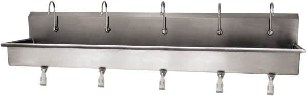 SANI-LAV - 97" Long x 16-1/2" Wide Inside, 1 Compartment, Grade 304 Stainless Steel (5) Person Wash-Station with Single Foot Valves - 16 Gauge, 100" Long x 20" Wide x 18" High Outside, 8" Deep - Caliber Tooling