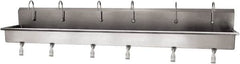 SANI-LAV - 117" Long x 16-1/2" Wide Inside, 1 Compartment, Grade 304 Stainless Steel (6) Person Wash-Station with Single Foot Valves - 16 Gauge, 120" Long x 20" Wide x 18" High Outside, 8" Deep - Caliber Tooling