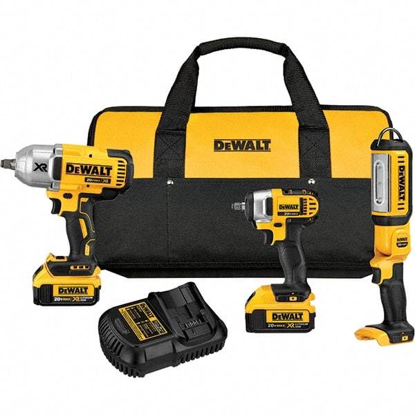 DeWALT - 20 Volt Cordless Tool Combination Kit - Includes 1/2" Impact Wrench, 3/8" Impact Wrench & Handheld Light, Lithium-Ion Battery Included - Caliber Tooling