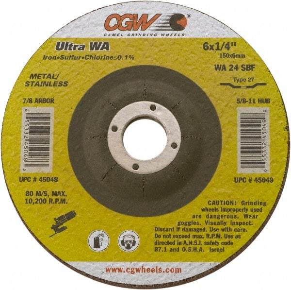 Camel Grinding Wheels - 24 Grit, 7" Wheel Diam, 1/4" Wheel Thickness, 7/8" Arbor Hole, Type 27 Depressed Center Wheel - Coarse Grade, Aluminum Oxide, Resinoid Bond, 8,600 Max RPM - Caliber Tooling