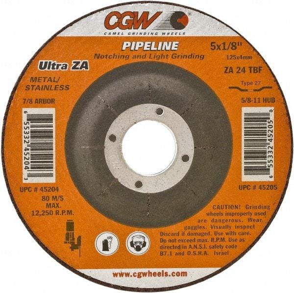 Camel Grinding Wheels - 24 Grit, 7" Wheel Diam, 1/8" Wheel Thickness, 7/8" Arbor Hole, Type 27 Depressed Center Wheel - Coarse Grade, Zirconia Alumina, Resinoid Bond, 8,600 Max RPM - Caliber Tooling