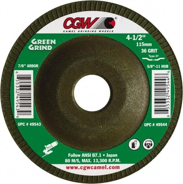 Camel Grinding Wheels - 36 Grit, 4-1/2" Wheel Diam, 5/32" Wheel Thickness, 7/8" Arbor Hole, Type 27 Depressed Center Wheel - Medium Grade, Zirconia Alumina, Resinoid Bond, 13,300 Max RPM - Caliber Tooling