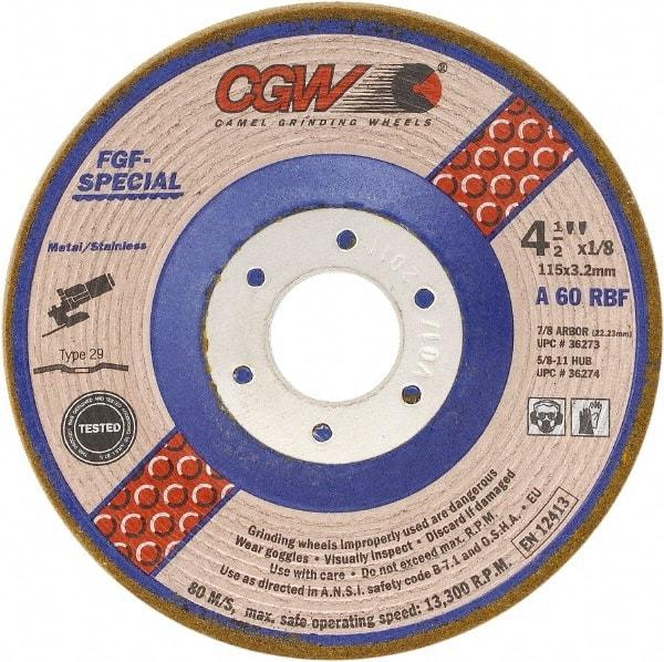 Camel Grinding Wheels - 60 Grit, 4-1/2" Wheel Diam, 1/8" Wheel Thickness, 7/8" Arbor Hole, Type 29 Depressed Center Wheel - Medium Grade, Aluminum Oxide, Resinoid Bond, 13,300 Max RPM - Caliber Tooling