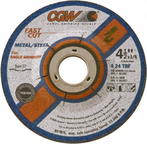 Camel Grinding Wheels - 24 Grit, 9" Wheel Diam, 1/4" Wheel Thickness, 7/8" Arbor Hole, Type 28 Depressed Center Wheel - Coarse Grade, Aluminum Oxide, Resinoid Bond, 6,660 Max RPM - Caliber Tooling