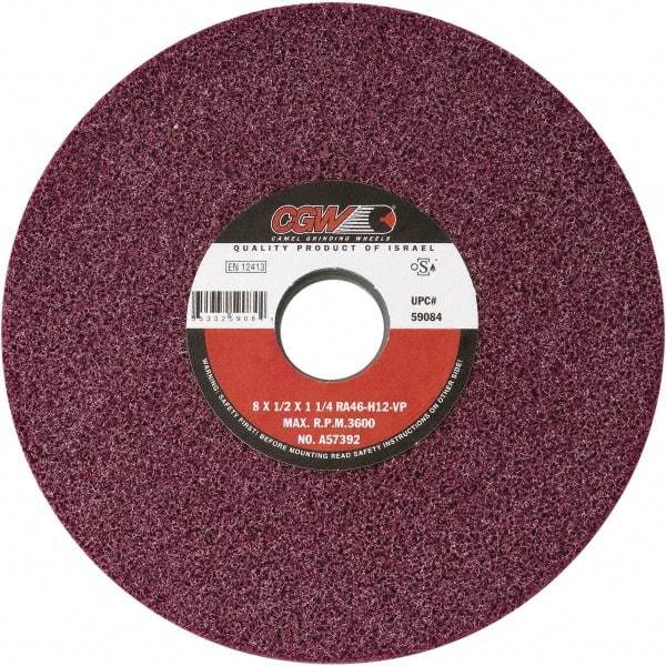 Camel Grinding Wheels - 8" Diam x 1-1/4" Hole x 1/2" Thick, H Hardness, 60 Grit Surface Grinding Wheel - Aluminum Oxide, Type 1, Medium Grade, Vitrified Bond, No Recess - Caliber Tooling