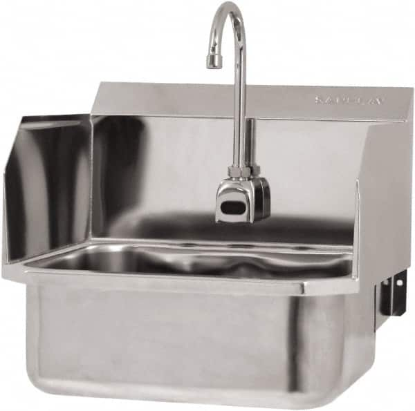 SANI-LAV - 17" Long x 14" Wide Inside, 1 Compartment, Grade 304 Stainless Steel Hand Sink Wall Mount with Electronic Faucet - 18 Gauge, 19" Long x 18" Wide x 21" High Outside, 7" Deep - Caliber Tooling