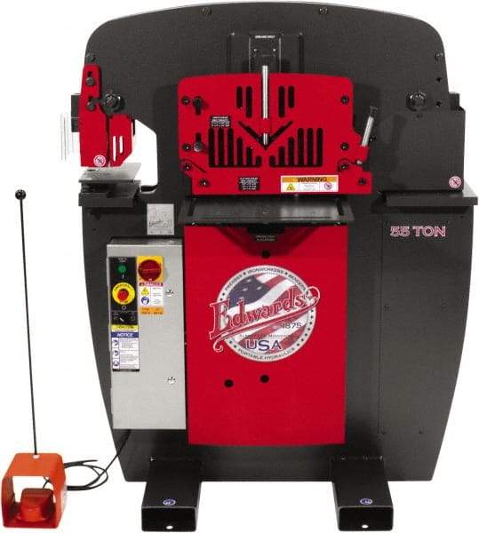 Edwards Manufacturing - 7-1/2" Throat Depth, 55 Ton Punch Pressure, 1-1/16" in 5/8" Punch Capacity Ironworker - 5 hp, 3 Phase, 230 Volts, 44-3/8" Wide x 55-1/4" High x 36-1/8" Deep - Caliber Tooling