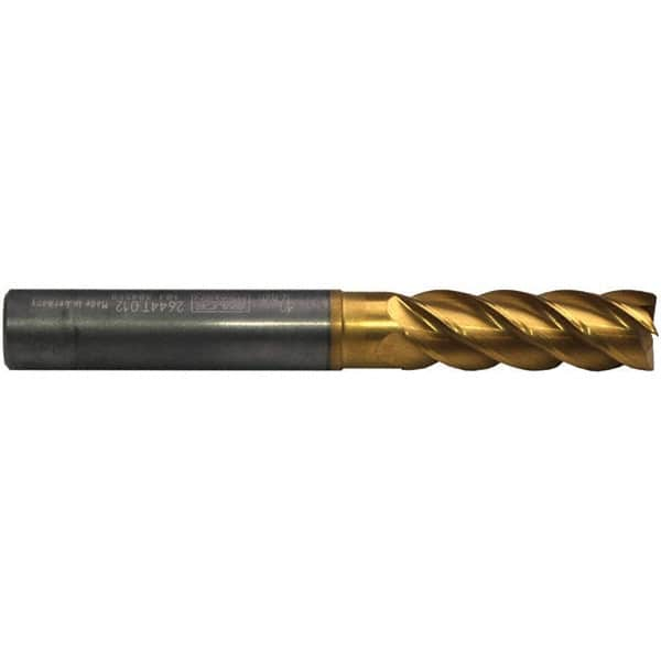 Emuge - 16mm Diam, 48mm LOC, 5 Flute Solid Carbide Roughing & Finishing End Mill - TiN/TiAlN Finish, 112mm OAL, 16mm Shank Diam, Cylindrical Shank, 42° Helix, Extra Long Length - Caliber Tooling