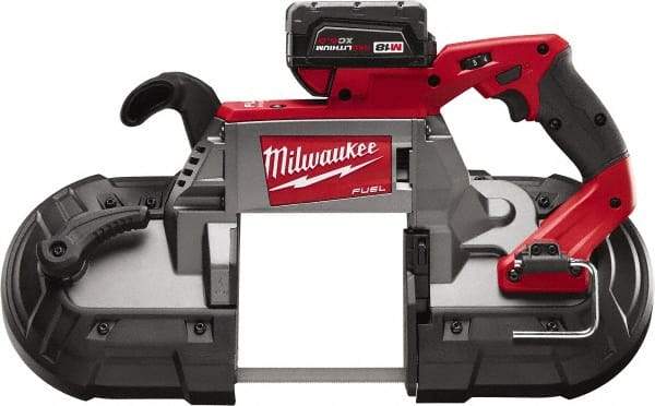 Milwaukee Tool - 18 Volt, 44-7/8" Blade, 380 SFPM Cordless Portable Bandsaw - 5" (Round) & 5 x 5" (Rectangle) Cutting Capacity, Lithium-Ion Battery Included - Caliber Tooling