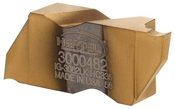 Hertel - 3062IG K Grade HC335, 1.57mm Cutting Width Carbide Grooving Insert - 3.05mm Max Depth of Cut, Left Hand, TiN Finish - Caliber Tooling