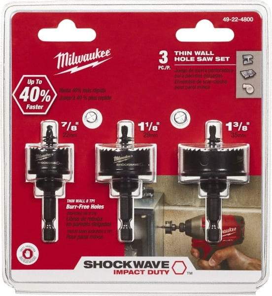 Milwaukee Tool - 3 Piece, 7/8" to 1-3/8" Saw Diam, Impact Rated Hole Saw Kit - Bi-Metal, Toothed Edge, Includes 3 Hole Saws - Caliber Tooling