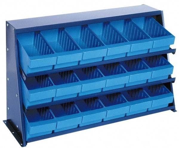 Quantum Storage - 240 Lb Capacity, 12" Deep x 36" Wide x 21" High, Steel Bench Rack - 1 Side, 18 Blue Polystyrene Bins - Caliber Tooling